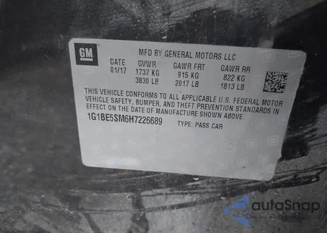 2017 Chevrolet Cruze Lt z USA, uszkodzony, nr VIN 1G1BE5SM6H7226689